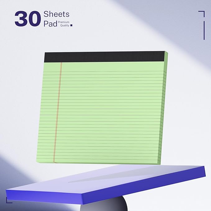 3 Pack Wide Legal Pads 11" x 9.5" (Landscape Format) Green College Ruled Note Pad Narrow Ruled 30 Sheets per Notepad Perforated Writing Paper with Thick Backboard Horizontal Pads of Paper
