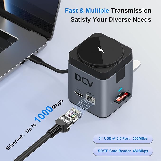 USB C Laptop Docking Station with MagSafe Charger Stand, 9 in 1 USB C Hub Multiport Adapter with 4K HDMI, 1Gbps Ethernet, 3 USB 3.0, SD/TF, Compatible with MacBook/Dell/HP/Lenovo/iPhone (Dark Gray)