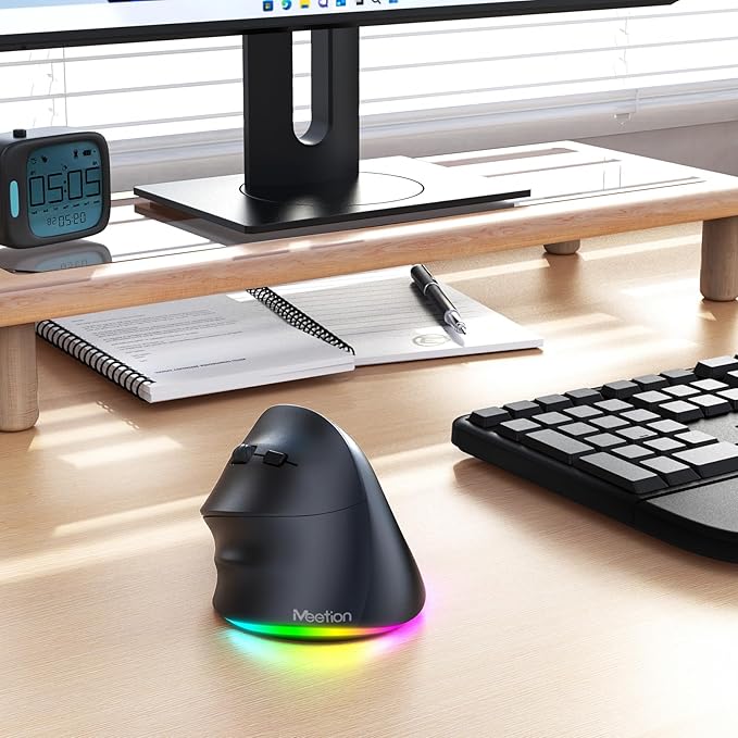 MEETION Left-Handed Mouse, Ergonomic Mouse Wireless Vertical Mouse, RGB Rechargeable Mice for Bluetooth(5.2 + 3.0) & USB-A with Type-c Adapter 4 Adjustable DPI for Mac/Windows/PC/Tablet/iPad Black