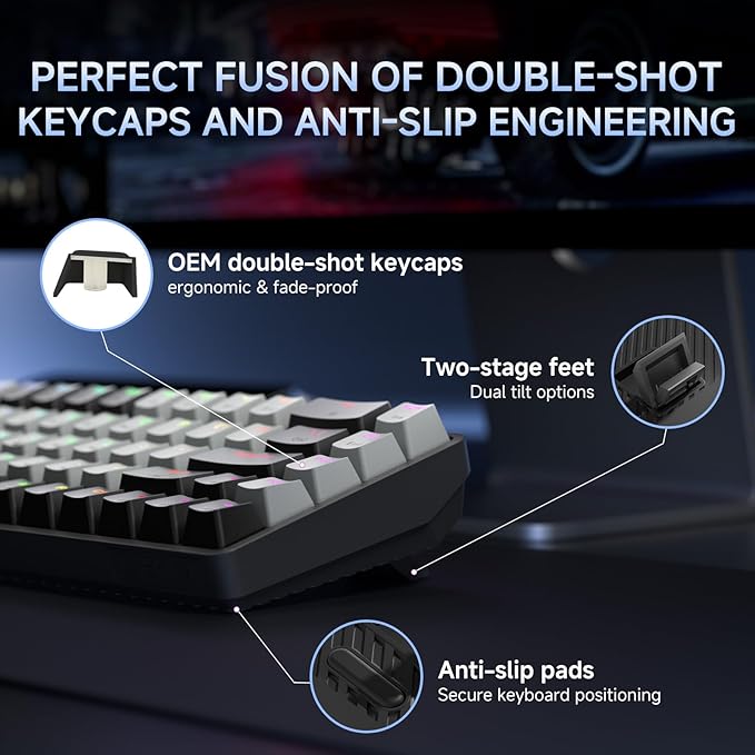 DIERYA DK68 60% Wireless Mechanical Gaming Keyboard, 3 Modes Bluetooth/2.4G/USB-C with Clicky Blue Switch, RGB Backlit, Anti-Ghosting, 68-Key Compact mini Keyboard for Windows/macOS/Linux- Black/Grey