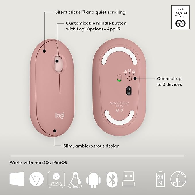 Logitech Pebble 2 Combo, Wireless Keyboard and Mouse, Quiet and Portable, Customizable, Logi Bolt, Bluetooth, Easy-Switch for Windows, macOS, iPadOS, Chrome - Tonal Rose