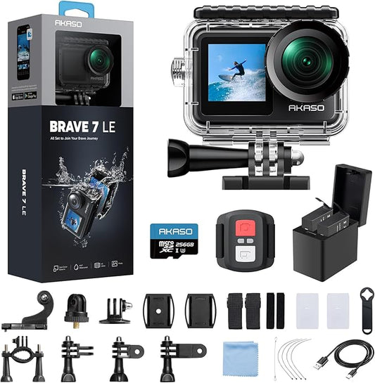 AKASO Brave 7 LE 4K30fps Action Camera with 256GB MicroSDXC U3 Memory Card Accessories Kit Bundle Ultra HD 131FT Waterproof Camera EIS 2.0 WiFi Remote Control Zoom Underwater Camera