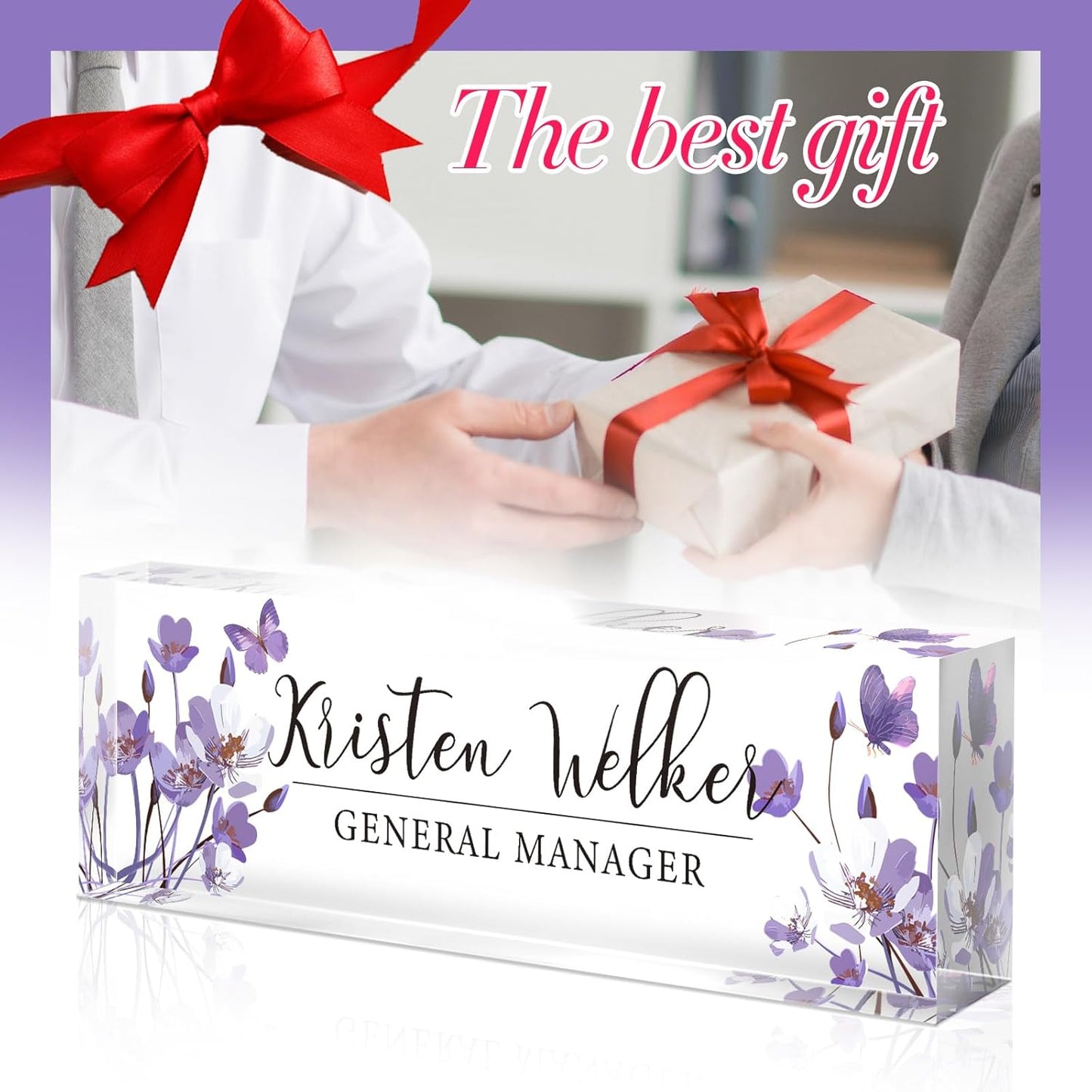 Personalized Name Plate for Desk - Custom Engraved Name Plates for Man - Boss Day Gifts for Boss - Acrylic Office Decor Appreciation Gifts for Teacher Nurse Coworker Social Worker (Orchids)