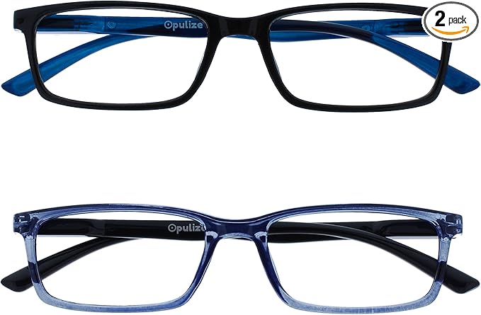 OPULIZE SEE Reading Glasses with Blue Light Blocking for Women and Men, Narrow Frame, Spring Hinges, Computer Gaming Glasses, Black,Blue +3 (Pack of 2)