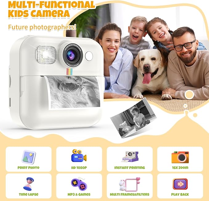 Kids Camera Instant Print Birthday Gifts for Girls Age 3-8, Toddler Cameras Travel Selfie Video Camera Toys Instantcamera for Kids with Color Pens (White)