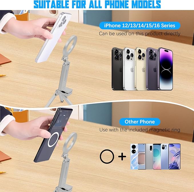 Magnetic Phone Tripod Stand for iPhone 16/15/14/13/12 Plus Pro Max Series, Aluminium Smartphone Mini Tripod Pocket Cellphone Stand, Adjustable and Foldable Magnetic Phone Holder Mountp