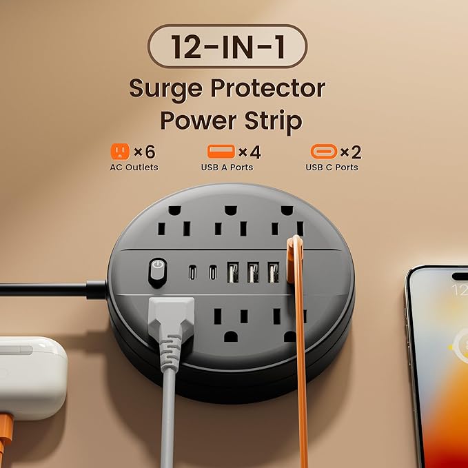 10 FT Surge Protector Power Strip, Extension Cord with Multiple Outlet, 6 AC Outlets, 4 USB & 2 USB C Ports & Control Switch, Portable Outlet Extender, Flat Plug, Wall Mount for Office Home Dorm,Black