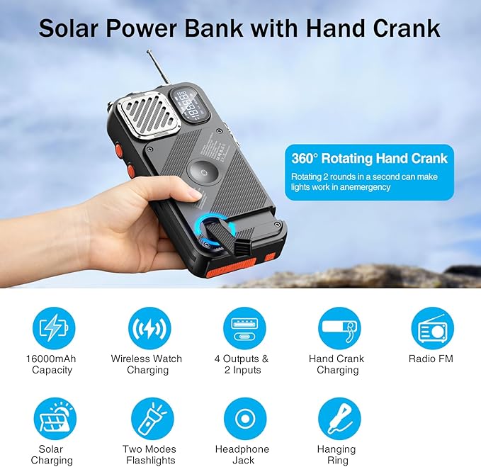 BROWEY Solar Power Bank Wireless Charger 16000mAh Built in Hand Crank and 3 Cables with Emergency Radio & Flashlight, 20W Fast Charging for Cell Phones, Portable Charger for Apple Watch