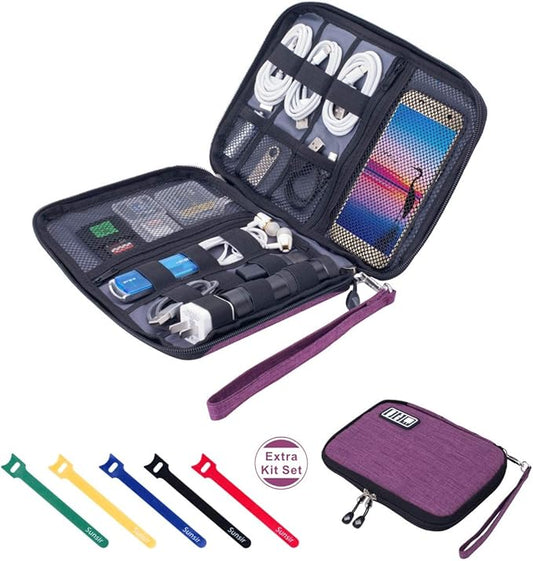 Travel Cable Organizer Bag Waterproof Portable Electronic Accessories Organizer for USB Cable Cord Phone Charger Headset Wire SD Card with 5pcs Cable Ties(Purple)