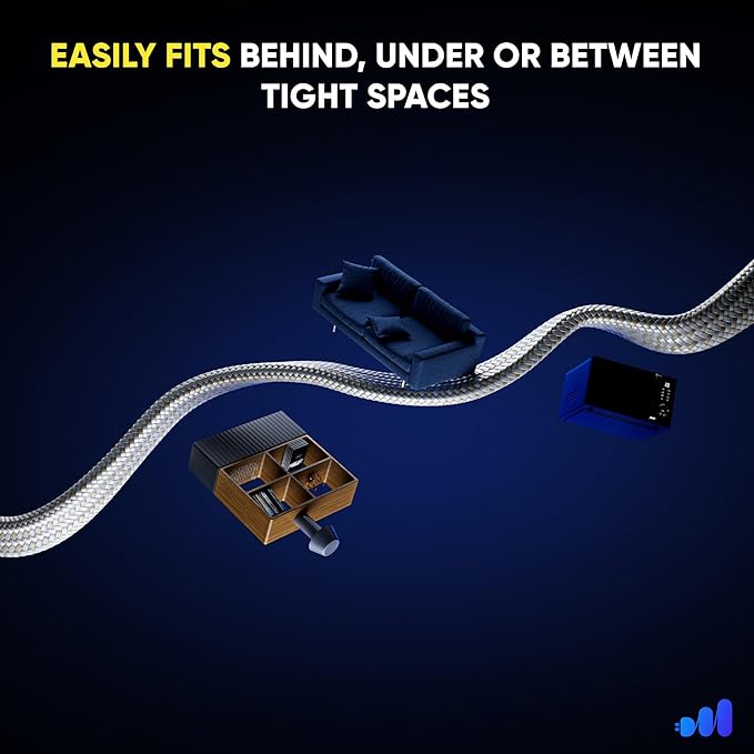 Maximm 10 Ft Extension Cord, 2 Prong, 360° Rotating Flat Plug, UL Certified, Light Gray – Space-Saving Indoor Power Cord for Tight Spaces, Polarized, Braided