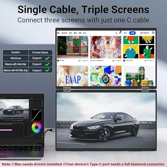 InnoView Laptop Screen Extender 15.6" Dual Portable Monitors Built-in Speakers 1080P FHD Stacked Folding Triple Monitor HDMI USB-C Portable Dual Monitor for Laptop Windows Mac (No Driver Needed)