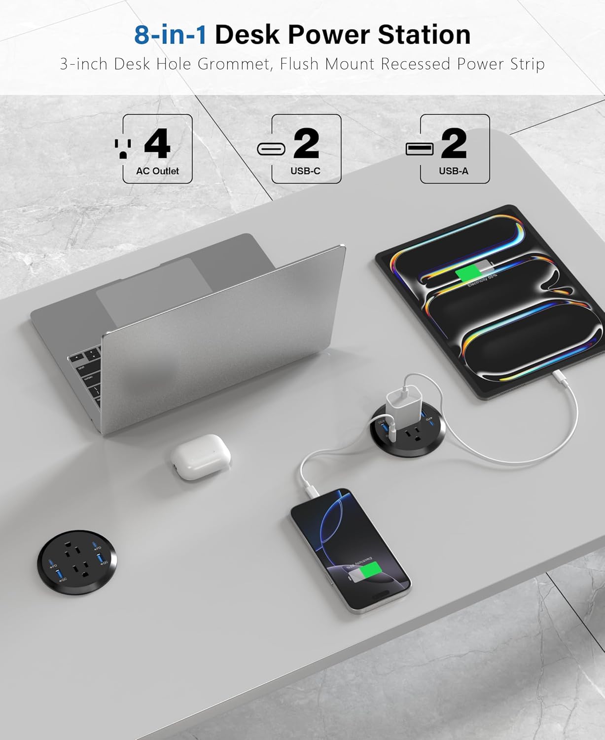 Jgstkcity Power Strip,Flush Mount Recessed Power Grommet,65W USB C Fast Charging,3-Inch Hole, 4 Outlets & 4 Ports, Ideal for Desktop & Countertop Outlet,Dual-Sided (Black, 6FT)