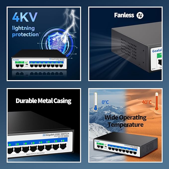 8 Port Gigabit PoE Switch with 2*1000Mbps Uplink, Unmanaged 10 Port Gigabit POE Switch Compatible with IEEE 802.3af/at Devices@120W, AI PoE Auto Recovery&Extend, Vlan, Metal Pluy&Play