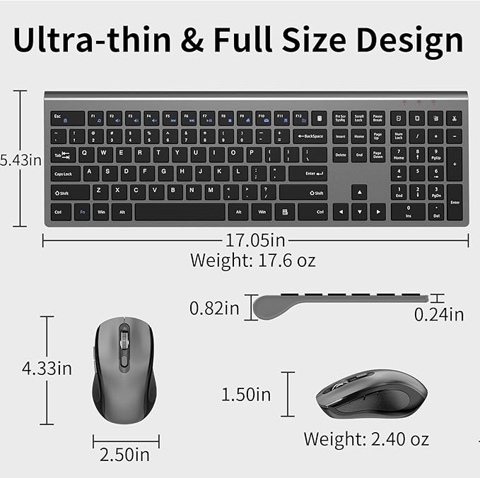 Keyboard and Mouse Wireless, Slim Full Size Keyboard with Calculator Button, Fn Lock, Silent Computer Mouse with Side Button, 2400 DPI, 2.4G USB Cordless Set for Laptop PC Windows Mac -Gray