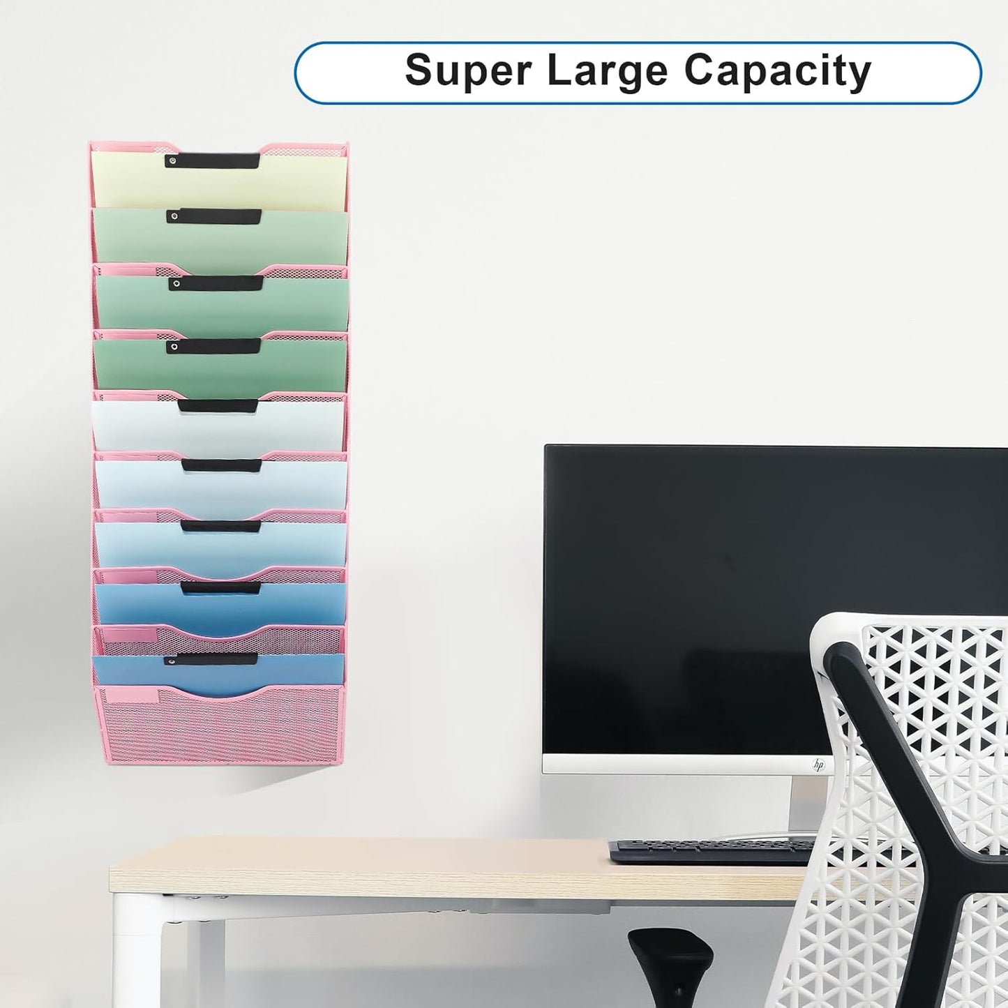EASEPRES 10 Pocket Mesh Hanging Wall File Organizer, Wall Mounted Mail Paper Document Folder Holder, Clipboard Storage Organization Magazine Rack with Nametag Label for Office Home School, Pink