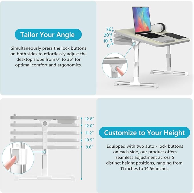 Slendor Laptop Desk Adjustable Laptop Stand Foldable Bed Table Portable Lap Desk Folding Notebook Stand Reading and Writing Holder Breakfast Tray with Drawer and Cooling Fan for Bed Couch Sofa Floor