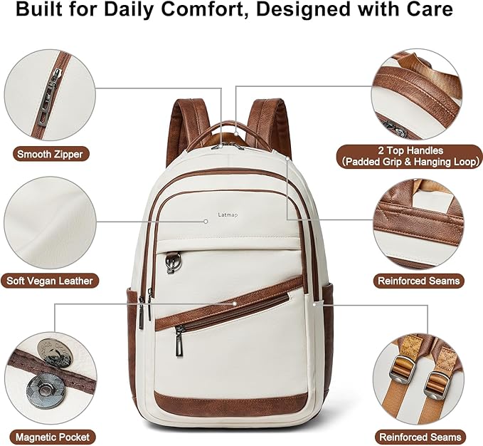 43L Backpack for Women Men - Vegan Leather Backpack Purse Travel Carry-on Bag College Bookbag Work fits 17" Laptop, Beige