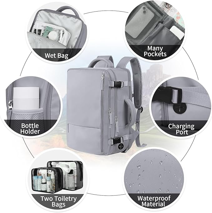 Hanples Extra Large Travel Backpack for Women as Person Item Flight Approved, 40L Carry On Backpack, 17 Inch Laptop Backpack, Waterproof Backpack, Hiking Backpack, Casual Bag (Gray)