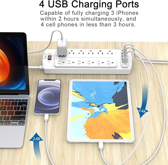 Power Strip, Tcstei Surge Protector with 12 Outlets and 4 USB Ports, 6 Feet Extension Cord (1875W/15A) for for Home, Office, Dorm Essentials, 2700 Joules, ETL Listed, (White)