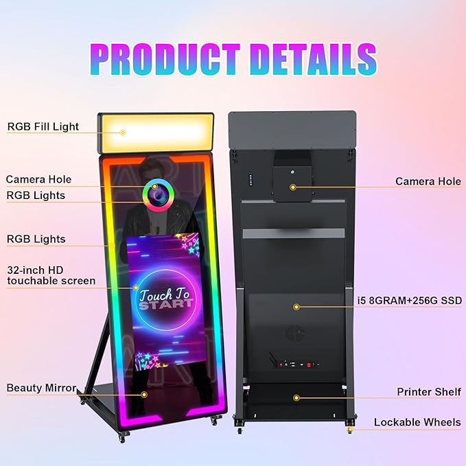 Mirror Photo Booth with Camera and Printer, 65" Magic Mirror Photo Booth, 32" Touch Screen Built-in Mini PC with Instant Print and Sharing, Music Sync Control RGB Light (White, 65-32" Full Set)