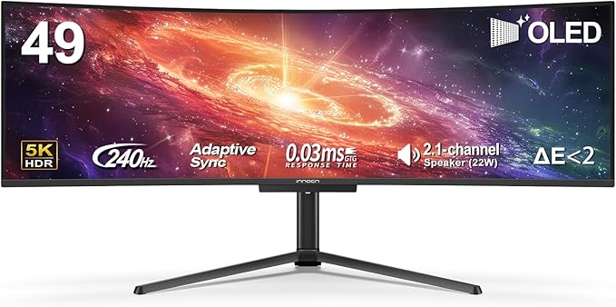 INNOCN 49" 49Q1S OLED Curved Gaming Monitor 5120 x 1440p 240Hz, 0.03ms, USB Type C 90W, HDMI 2.1, DisplayPort, USB Hub, Surrounding Speakers, Adaptive-Sync, Height Adjustable Stand, Black