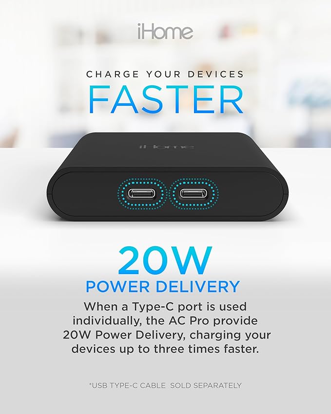 iHome Multiport 40W USB-C Charger, AC Pro 2-Port Flat Block, Dual Fast Charging Wall Adapter