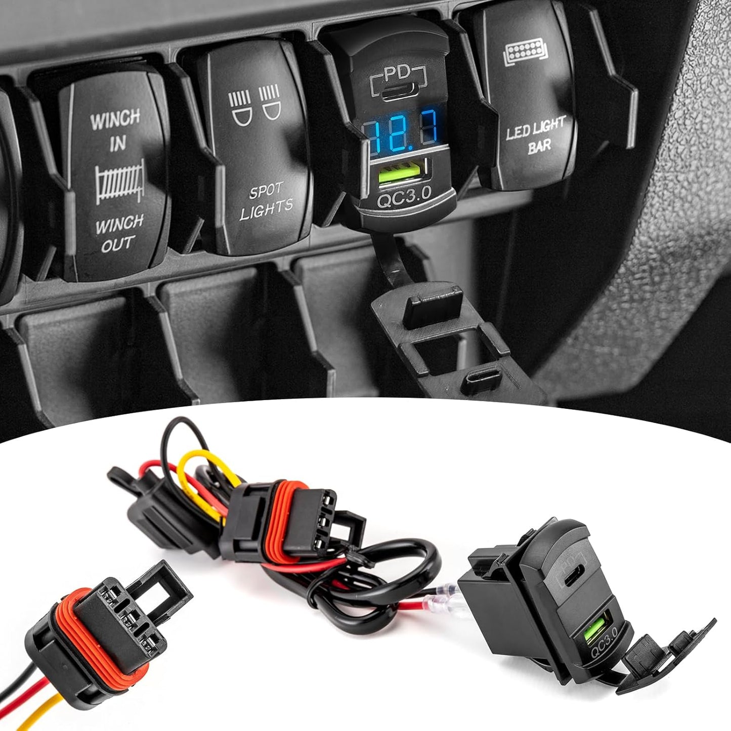 Wsays Dual USB Tpye C Rocker Plug & Play Switch Charger/Outlet 12v PD & QC 3.0 with LED Voltmeter Display Compatible with Polaris RZR Ranger General