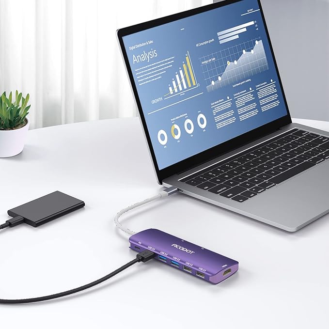Acodot 9 in 1 USB C Hub - 4K@60Hz HDMI Adapter, 3 USB 3.0 Ports, SD/TF Card Reader, 100W PD, Multiport Adapter for MacBook Pro, Air, HP, XPS, Purple