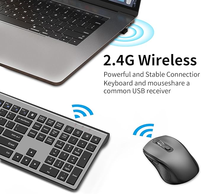 Keyboard and Mouse Wireless, Slim Full Size Keyboard with Calculator Button, Fn Lock, Silent Computer Mouse with Side Button, 2400 DPI, 2.4G USB Cordless Set for Laptop PC Windows Mac -Gray