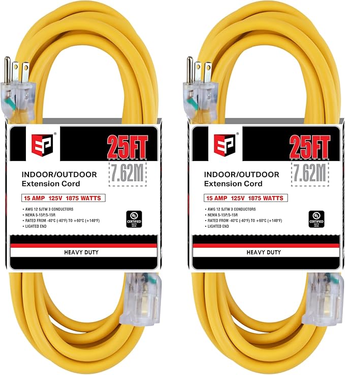 EP 2 Pack 25 Ft Lighted Outdoor Extension Cord - 12/3 SJTW Heavy Duty Yellow Extension Cable with 3 Prong Grounded Plug - Power Cord for Lawn, Garden, Appliances