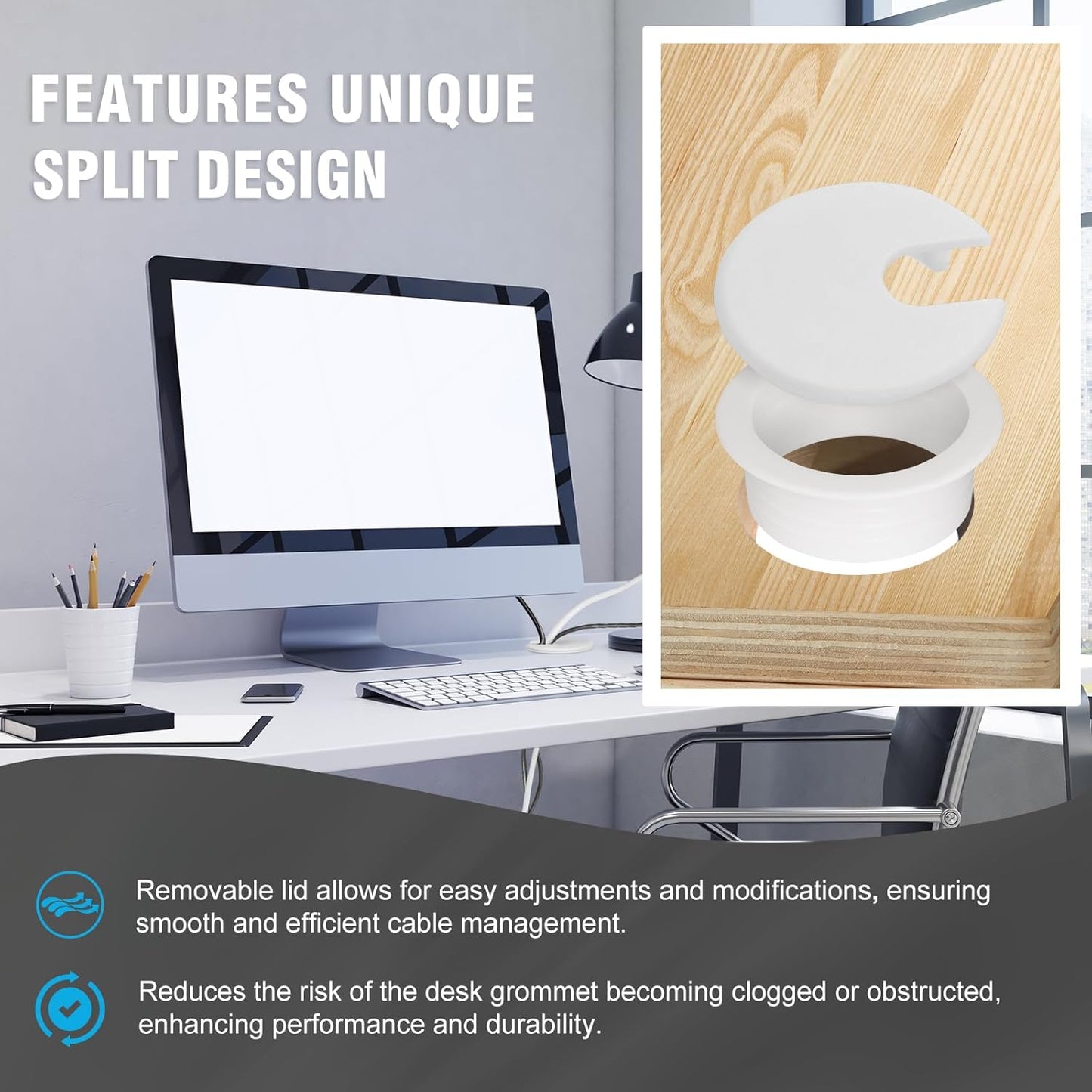 1-1/2" White Desk Grommet with Bi-Metal Hole Saw, JTemgle Plastic Cable Hole Cover Computer Table Cord Wire Organizer Caps, Desktop Cord Management for Home Office TV Stands Tabletops, 7 Pieces