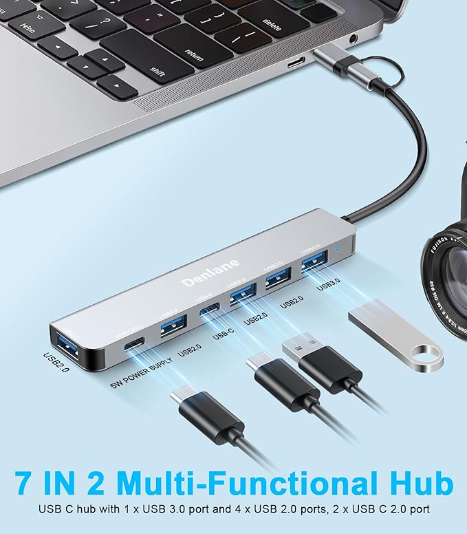 USB C Hub USB Hub 3.0 for Laptop, Upgrade 7 in 2 USB Splitter with USB-C & Multiport USB A Port Extender, USBC USB2.0 Dongle for PC/Computer/Laptop, Type C Mac/MacBook/Air/Pro/iPad/Tablet