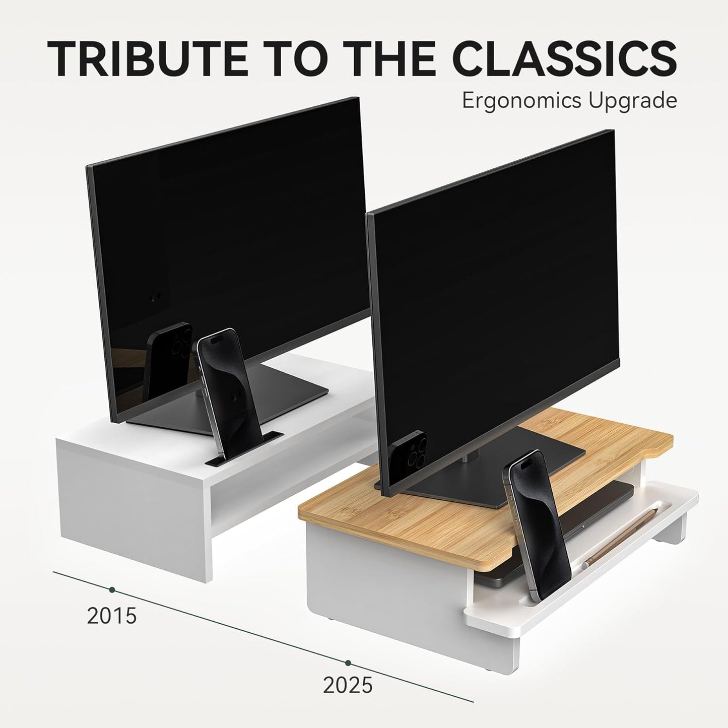 Monitor Stand Monitor Stand Riser for Desk,Wood Desk Shelf Storage Organizer with Phone Tablet Holder (16.5 Inch, White & Natural Bamboo)