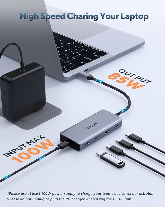 USB C Hub, intpw USB C Splitter 10Gbps with 4 USB 3.2, PD 100W Charging Ports, Aluminum Powered USB Hub for MacBook Pro/Air, iPad, Surface Pro, Dell, HP, Lenovo