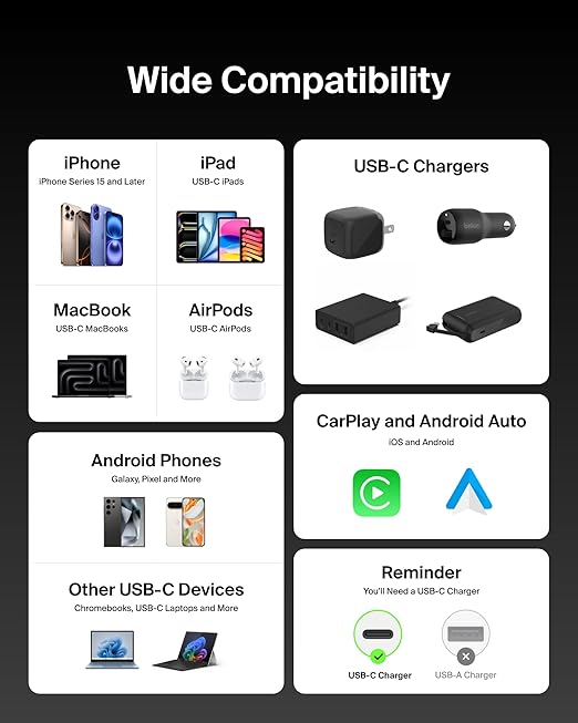 Belkin USB C to USB C Cable, 6.6ft, 240W - Type C Charger, iPhone Charger Cord, Soft, Braided, Flexible for iPhone 17, Galaxy S25, Pixel 10, MacBook, Chromebook, iPad Pro, Switch Steam Deck – Black