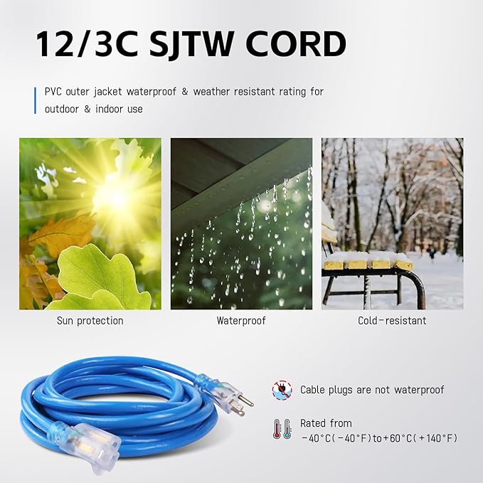 EP 3 Ft Outdoor Extension Cord, 12/3 SJTW Heavy Duty Waterproof Power Cable, 3 Prong Grounded Plug, Lighted End, for Lawn, Garden, Appliances, Blue