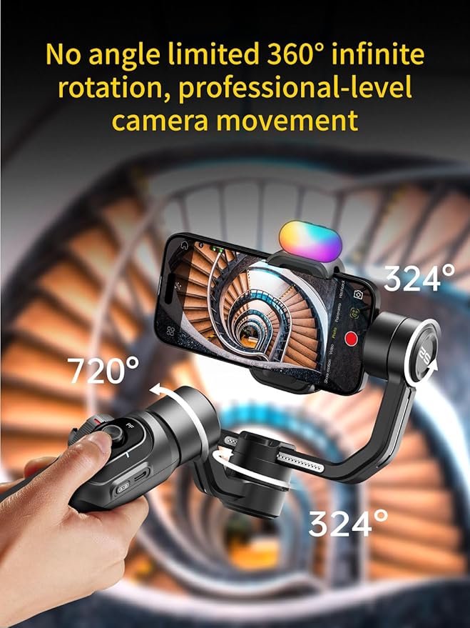 Gimbal Stabilizer for Smartphone, Phone Gimbal w/8" Extension Rod, Profession 3-Axis Stabilizer w/RGB Magnetic Fill Light for Video Recording, Compatible w/iPhone/Andriod-Smart S2 Kit