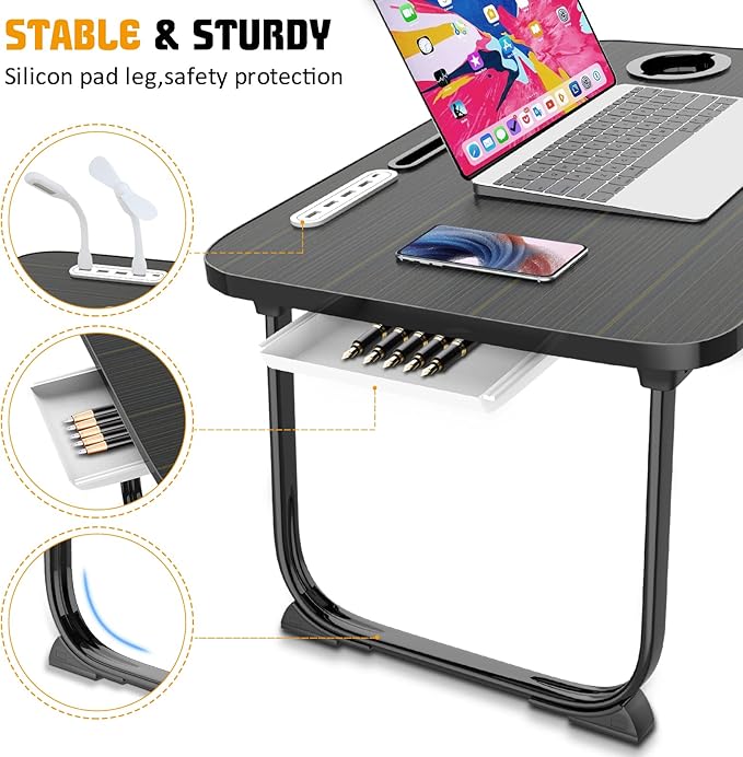 Fayquaze Laptop Bed Desk, Portable Foldable Laptop Bed Table with USB Charge Port Storage Drawer and Cup Holder, Lap Desk Notebook Stand Tray Table Serving Tray for Eating, Reading and Working
