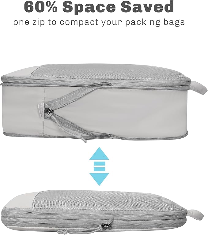 Hynes Eagle 6 Set/ 4 Set/ 2 Set Compression Packing Cubes Travel Essentials Lightweight Nylon Luggage Suitcase Organizer Bag Light Grey 2PCS