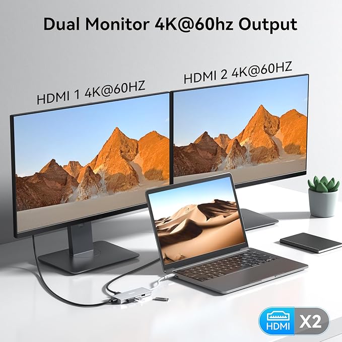 HODO USB C to Dual HDMI Adapter Docking Station Dual 4K 60Hz Monitor, USB C Hub with 2 HDMI, 2*USB A Port, PD 100W, Monitor Dock Compatible for HP Elitebook,Dell XPS 13 15 etc (Silver)