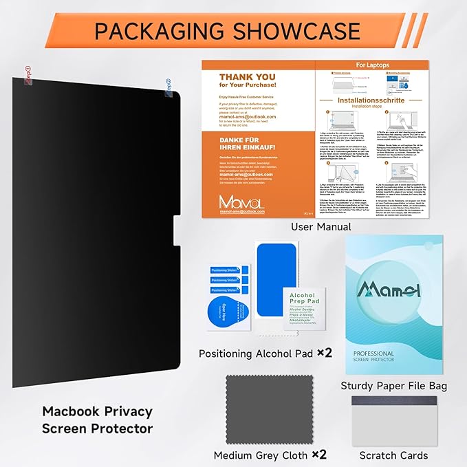 Mamol 360° Privacy Screen for Macbook Air 15 Inch (2023-2025, M2, M3, M4), Anti Glare Blue Light Filter, Nano No Glue Anti Spy Black Protector for Mac Air 15.3In Laptop