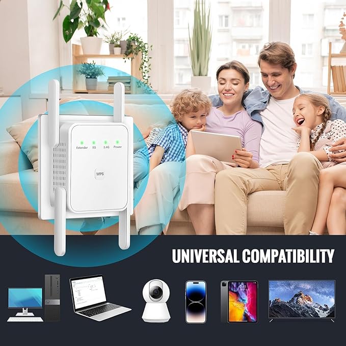 WiFi Extender Signal Booster-WiFi Booster 1200Mbps Dual Band (5GHz/2.4GHz) 360 Full CoverageUp to (10000 sq.ft) and 35 Devices 1-Tap Setup, WiFi Repeater with Ethernet Port(White)