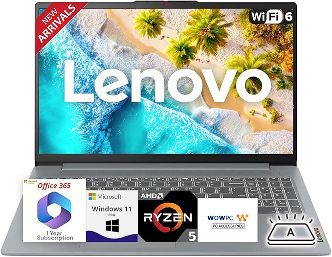 Lenovo New Ideapad Laptop with Microsoft Office 365, AMD Ryzen 5 5625U (Outperforms i7-1260U), 15.6" FHD TN Anti-Glare Display, 16GB RAM, 2TB SSD, WiFi 6, Backlit Keyboard, Windows 11 Pro, WOWPC USB