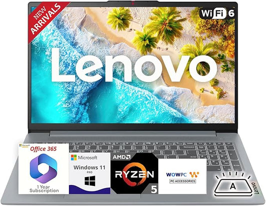 Lenovo New Ideapad Laptop with Microsoft Office 365, AMD Ryzen 5 5625U (Outperforms i7-1260U), 15.6" FHD TN Anti-Glare Display, 16GB RAM, 1TB SSD, WiFi 6, Backlit Keyboard, Windows 11 Pro, WOWPC USB