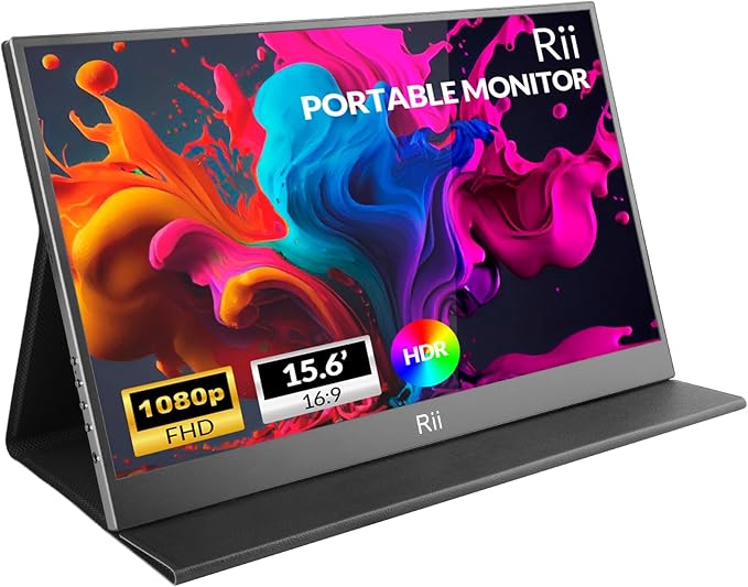 Rii Portable Monitor, 15.6” 1080P FHD USB-C HDMI, Ultra-Slim IPS HDR Display with Cover and Built-in Speaker, Travel Monitor for Laptop/PC/Phone/Mac/Xbox/Switch/PS4/PS5, VESA Mountable