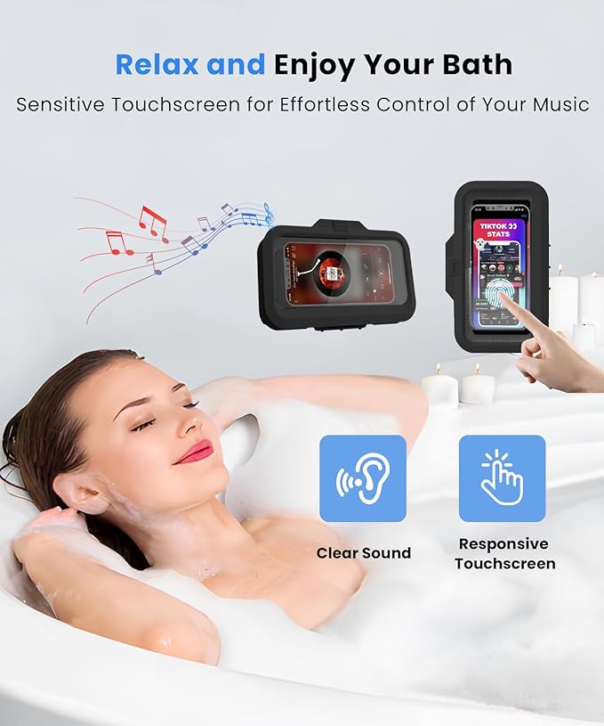 URROY Shower Phone Holder Waterproof One-Touch Open Shower Phone Case Anti-Fog & Sensitive Touchscreen Bathroom Wall Phone Mount Stand Universal Fit for iPhone & Smartphones Gift for Men Women Black