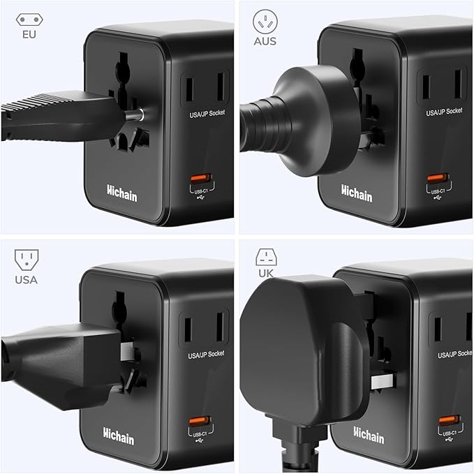Hichain 7-in-1 Universal Travel Adapter 35W, Fast Charging GaN Travel Worldwide Universal Power Adapter Block, Compact International Plug Foldable European Travel Plug Adapter Global Vacation Holiday