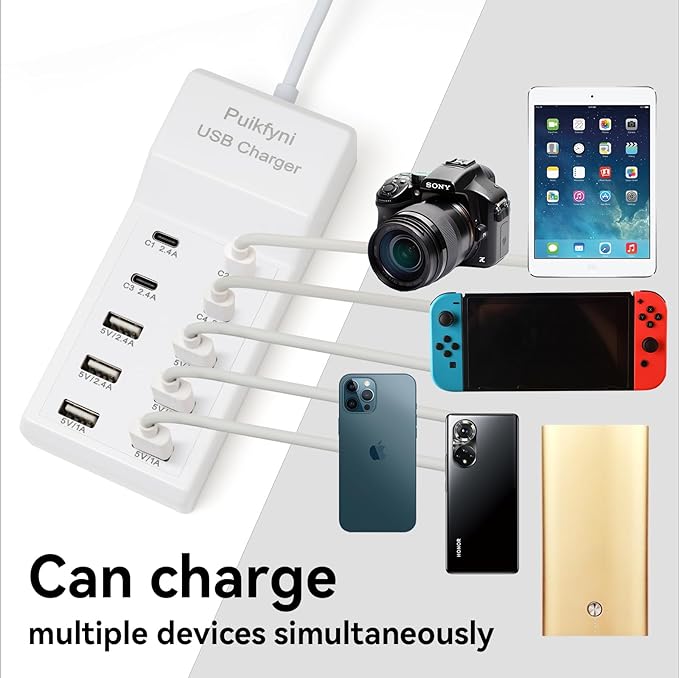 Portable USB C Charging Station,USB-C 4-Ports, USB Charging hub 10-Ports/USB c Charger Block for Multiple Devices Phones Tablet Smartwatch Headphones Speakers (USB-4C+6A)