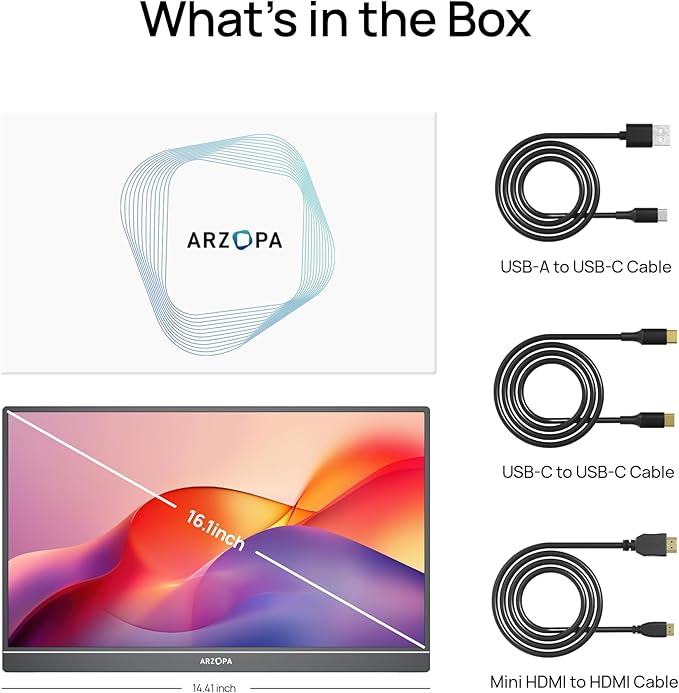 ARZOPA 16.1" Portable Monitor, 100% sRGB FHD 1080P Kickstand Portable Laptop Monitor High Color Gamut Display IPS Eye Care Screen for High-end Office & Entertainment -Z1C