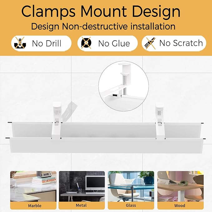 Under Desk Cable Management Tray 39.7" - No Drill Computer Wire Organizer Cable Tray, Fabric Cord Hider Clamp Mount, with 16X Cable Ties PC Cables Management Cord Holder for Office/Home (White)